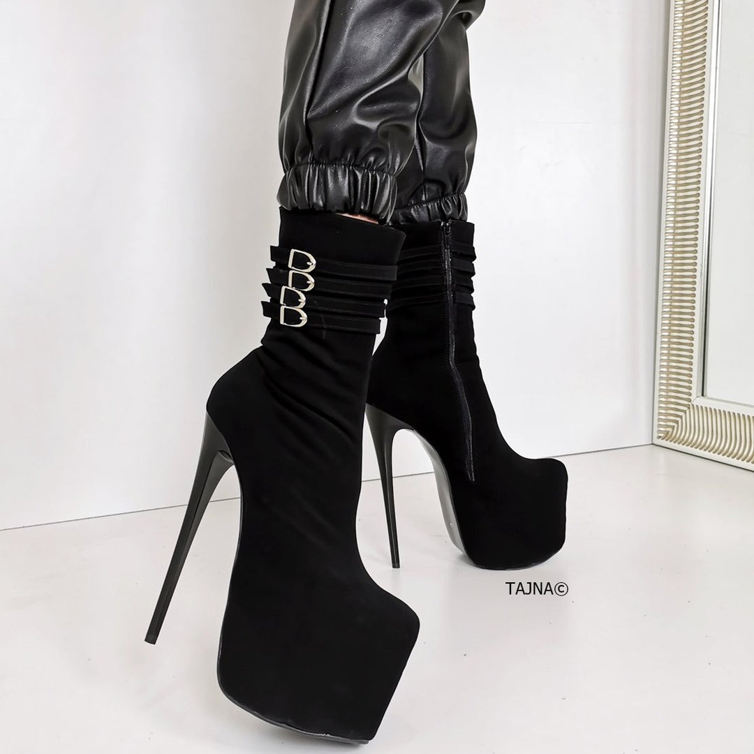 Aragon Black Suede Belted Heel Boots - Tajna Club