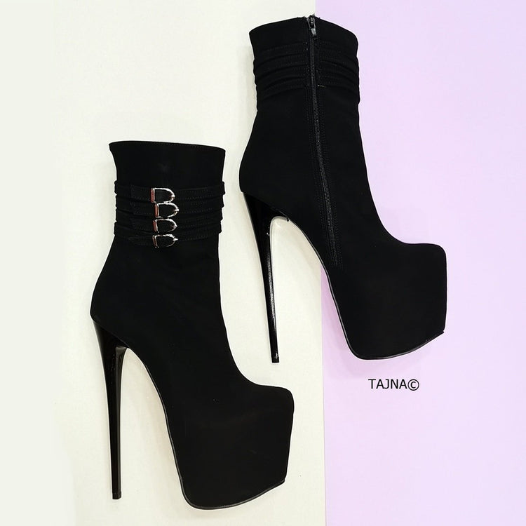 Aragon Black Suede Belted Heel Boots - Tajna Club