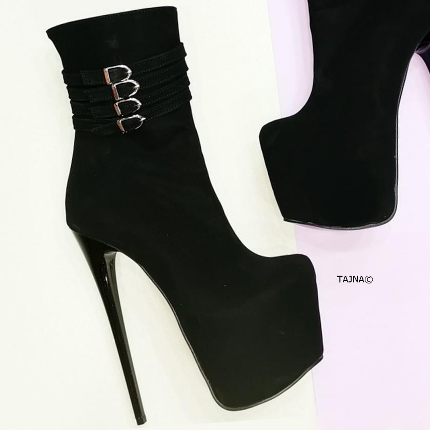 Aragon Black Suede Belted Heel Boots - Tajna Club