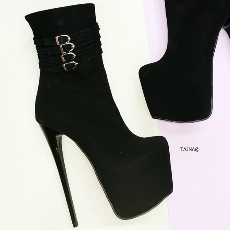 Aragon Black Suede Belted Heel Boots - Tajna Club