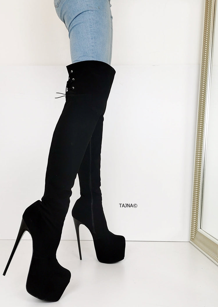 Black Suede Over Knees High Heel Boots - Tajna Club