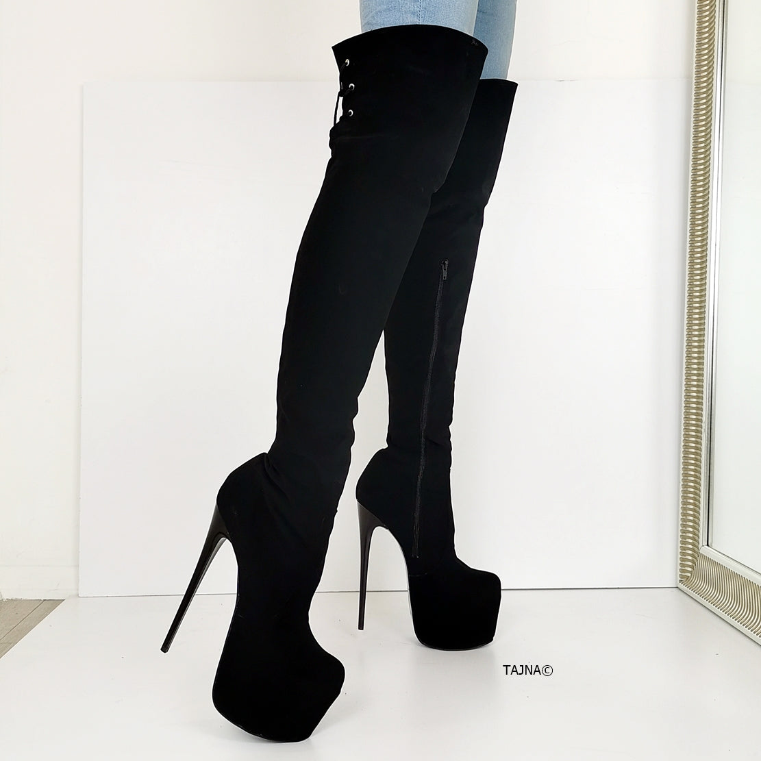 Black Suede Over Knees High Heel Boots - Tajna Club