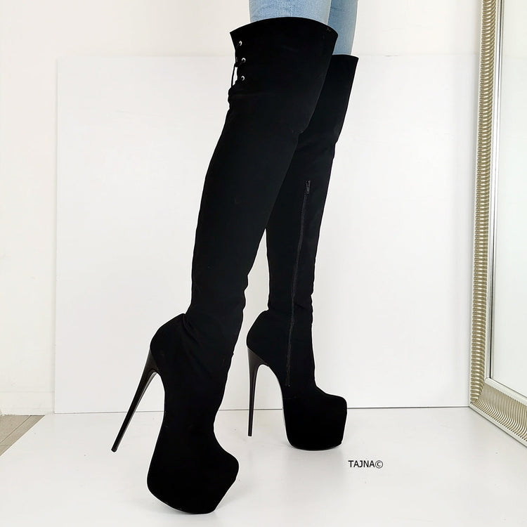 Black Suede Over Knees High Heel Boots - Tajna Club