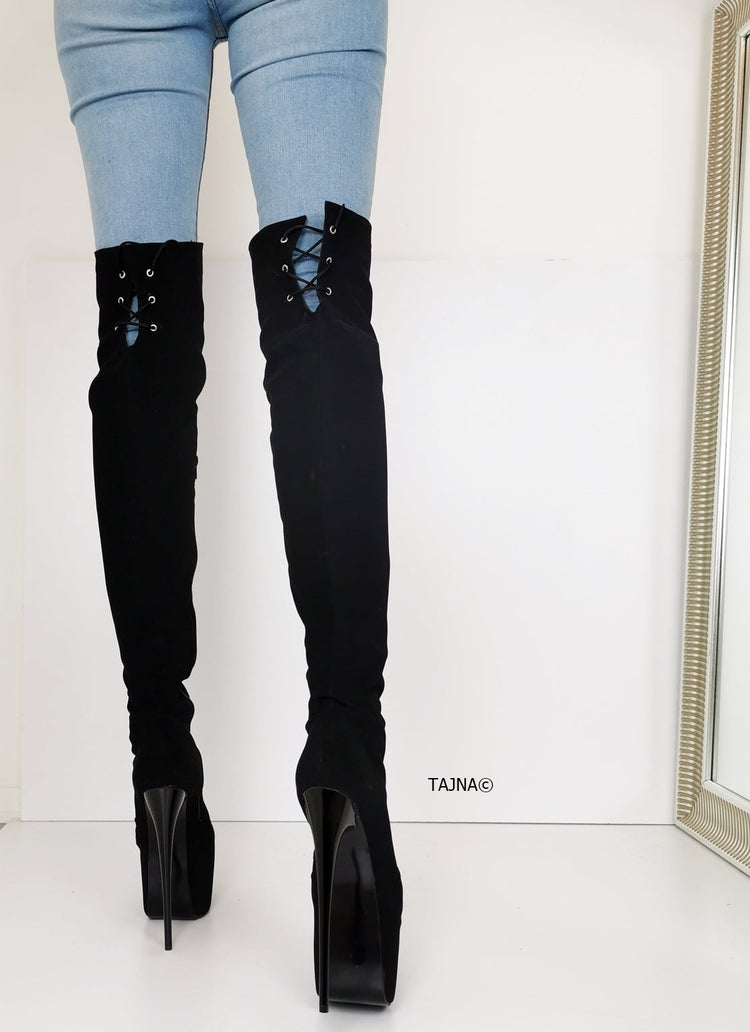 Black Suede Over Knees High Heel Boots - Tajna Club