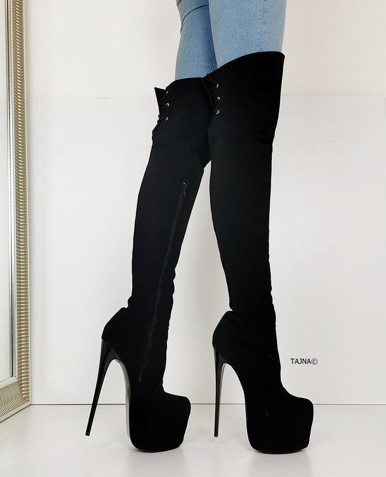 Black Suede Over Knees High Heel Boots - Tajna Club