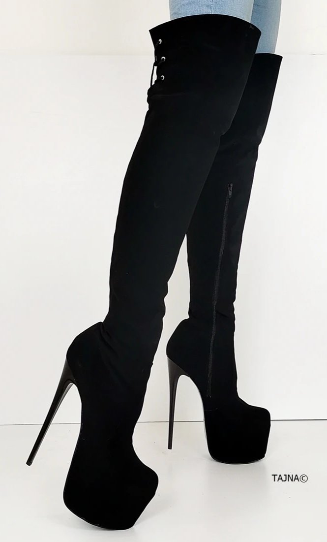 Black Suede Over Knees High Heel Boots - Tajna Club