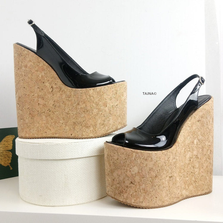 Black Patent Cork Platform Wedge Sandals - Tajna Club