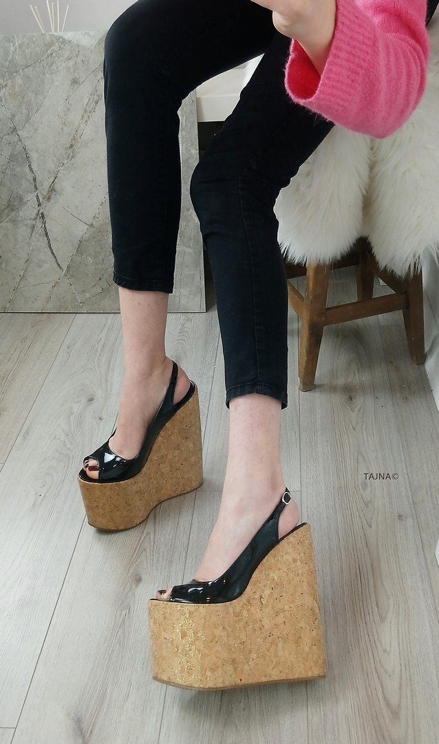 Black Patent Cork Platform Wedge Sandals - Tajna Club