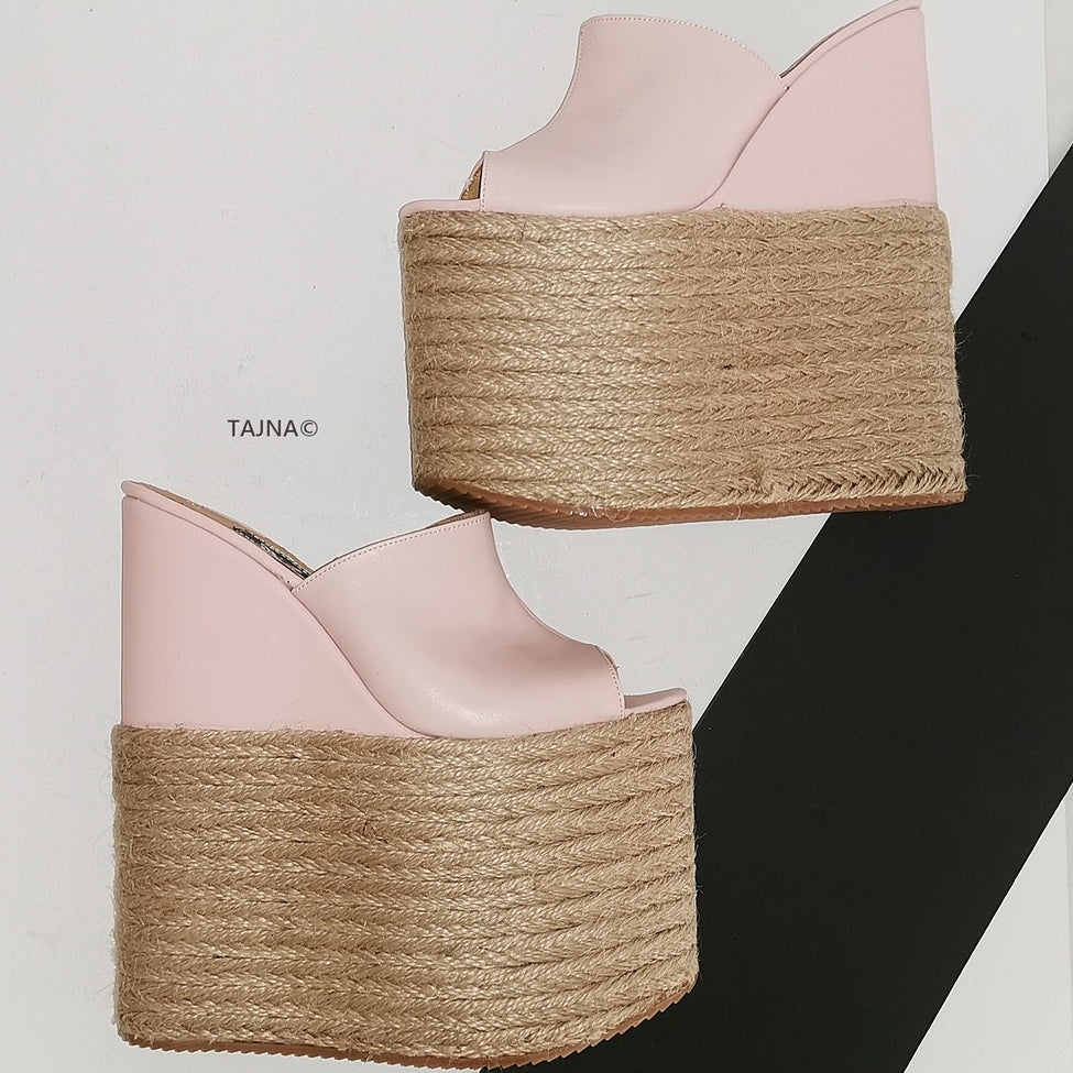 Pink High Heel Espadril Wedge Mules - Tajna Club