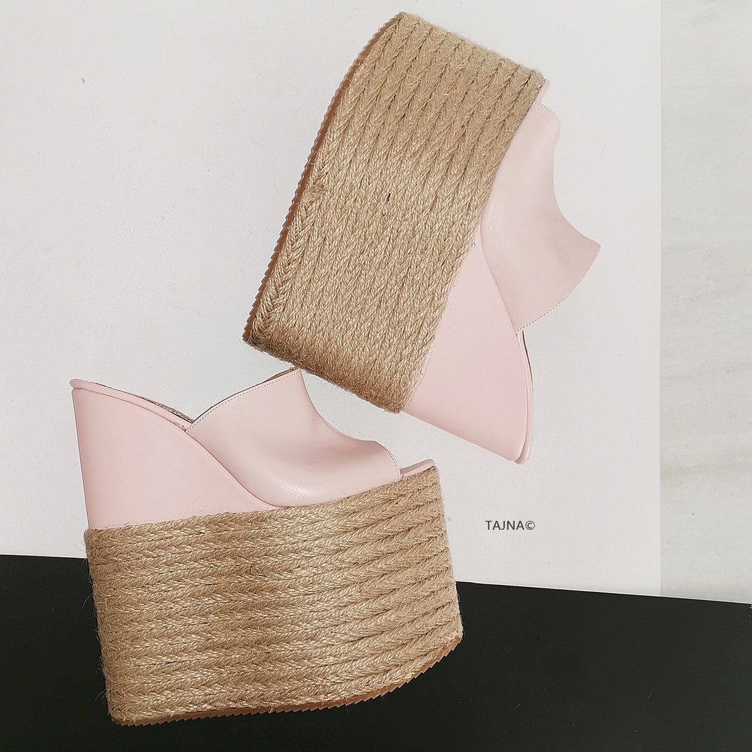 Pink High Heel Espadril Wedge Mules - Tajna Club