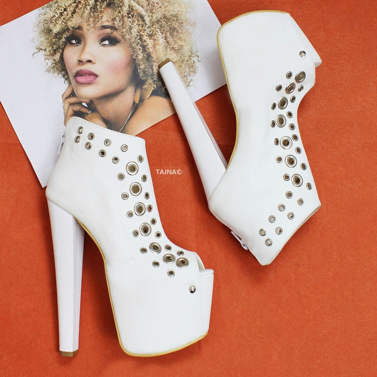White Punch Peep Toe Ankle Platform Booties - Tajna Club