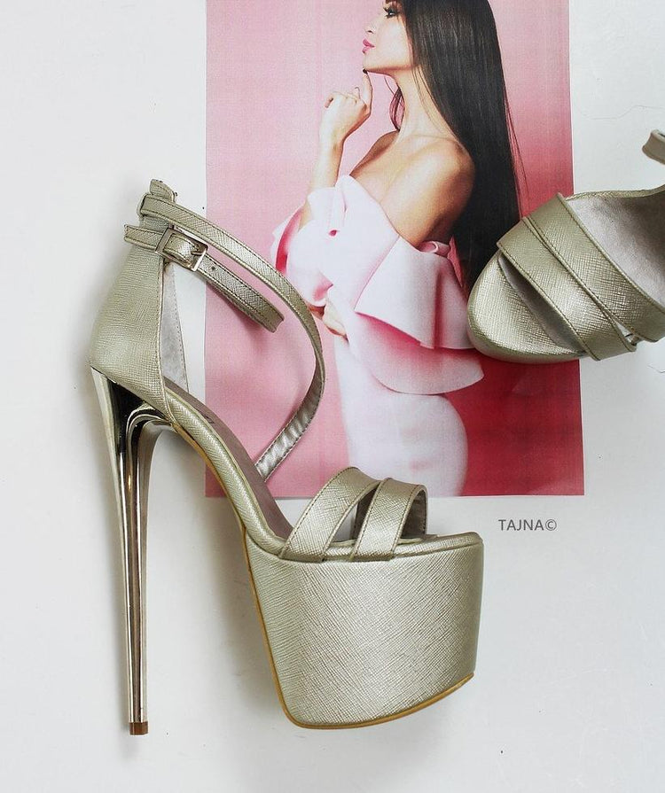 Matte Gold Cross Strap Platform Shoes - Tajna Club