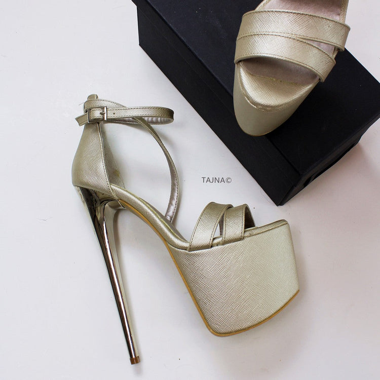 Matte Gold Cross Strap Platform Shoes - Tajna Club