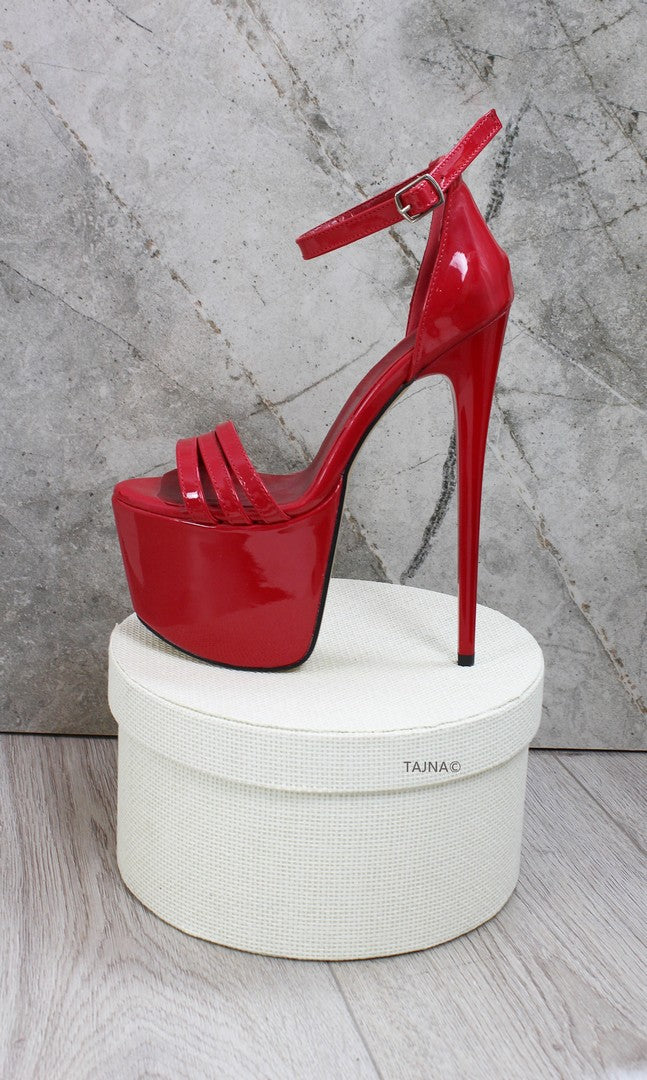 Red Patent Triple Strap Platforms - Tajna Club