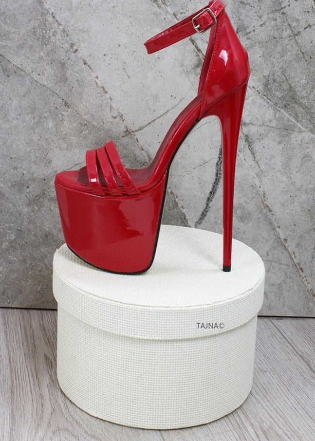 Red Patent Triple Toe Strap Platforms - Tajna Club