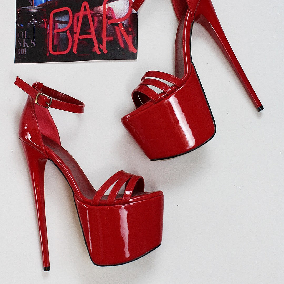 Red Patent Triple Strap Platforms - Tajna Club