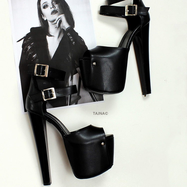 Black Double Strap Platform High Heels - Tajna Club