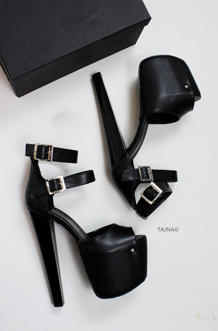 Black Double Strap Platform High Heels - Tajna Club