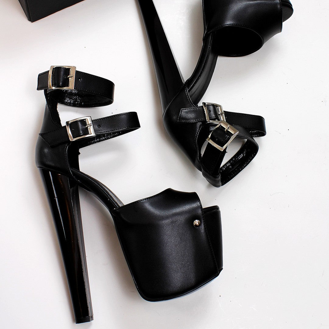 Black Double Strap Platform High Heels - Tajna Club