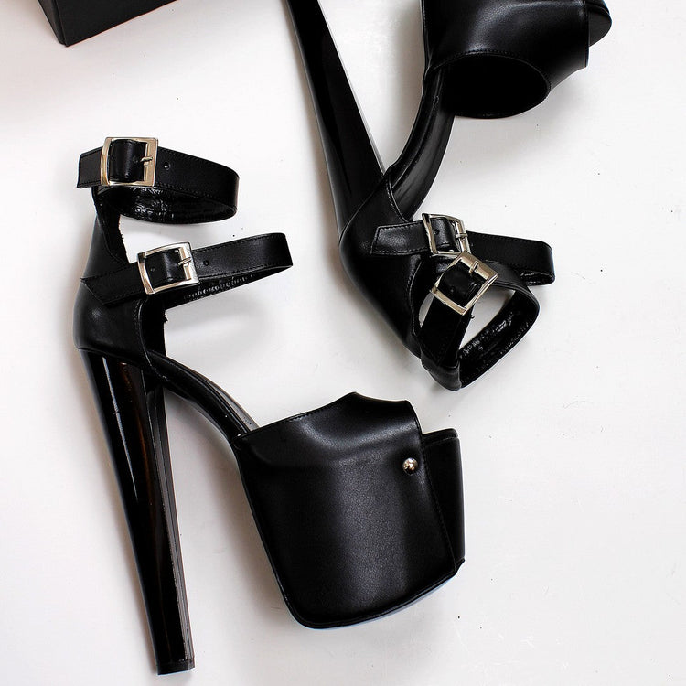 Black Double Strap Platform High Heels - Tajna Club
