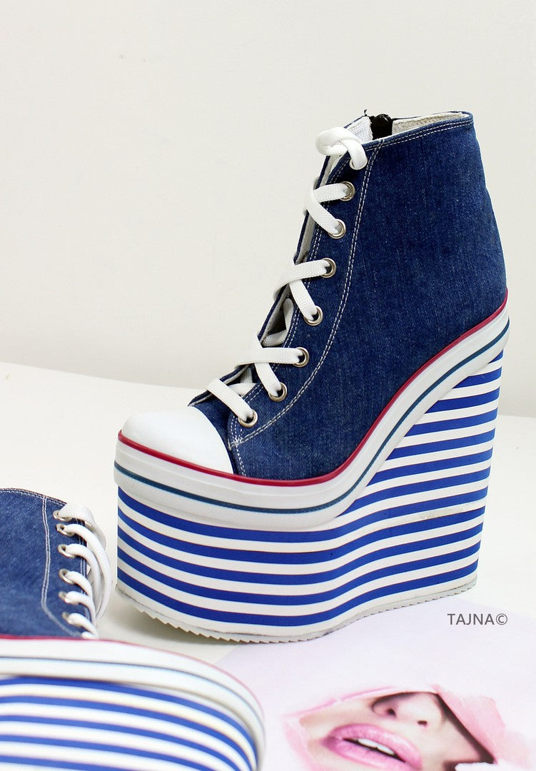 Lace Up High Heel Sport Jean Wedges