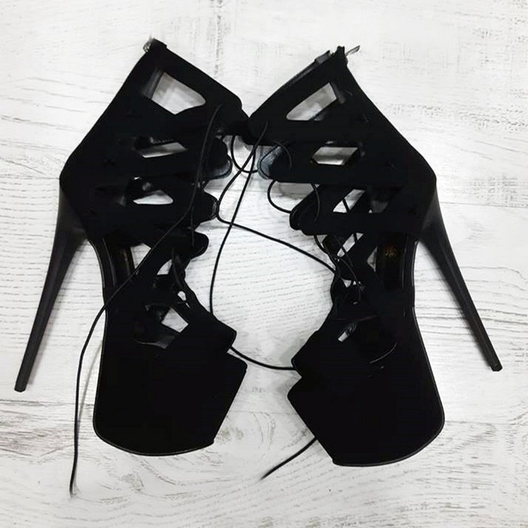 Black Faux Suede Cage Platform High Heels - Tajna Club