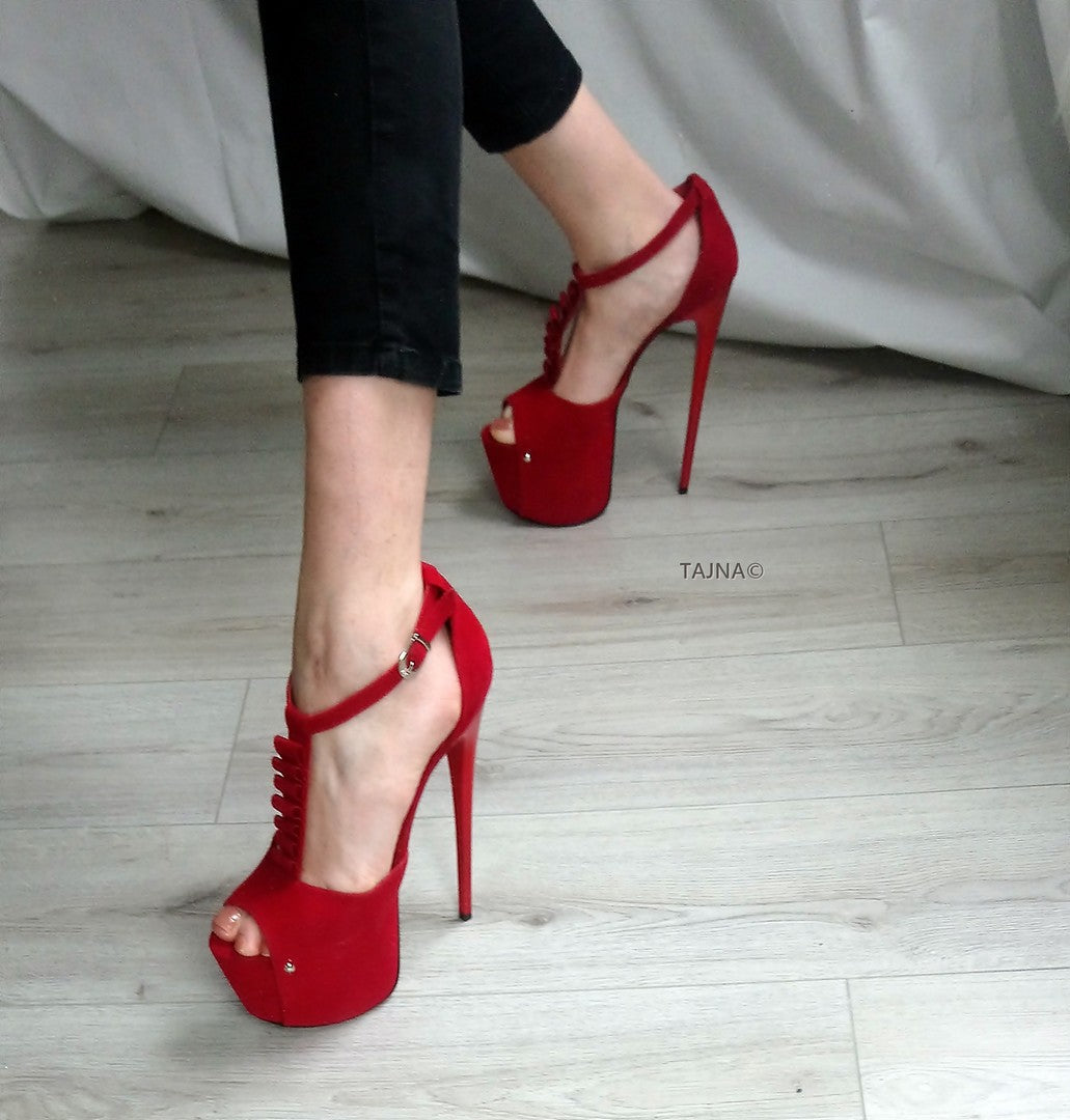 Red Suede Romantic Strap High Heels