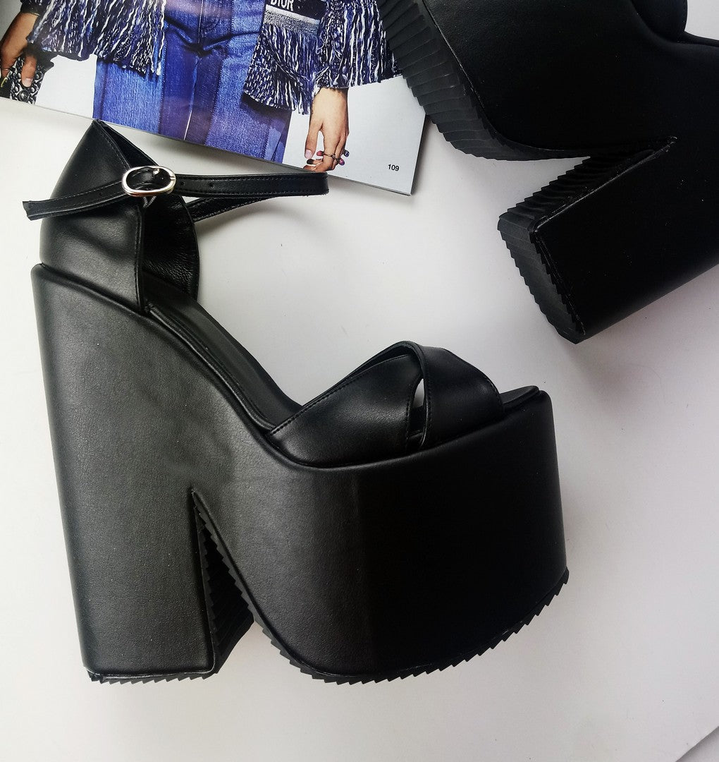 Black Cross Strap Platform Wedge Shoes - Tajna Club