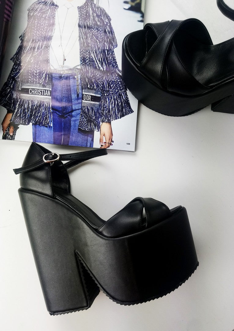 Black Cross Strap Platform Wedge Shoes - Tajna Club