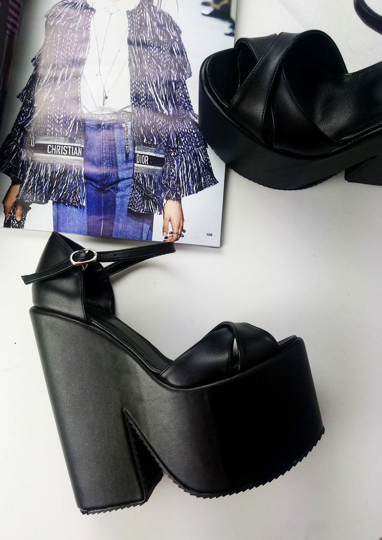 Black Cross Strap Platform Wedge Shoes - Tajna Club