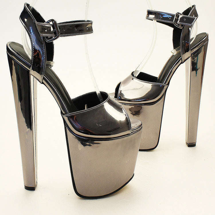 Dark Silver Peep Toe Ankle Strap High Heel Platform Shoes - Tajna Club
