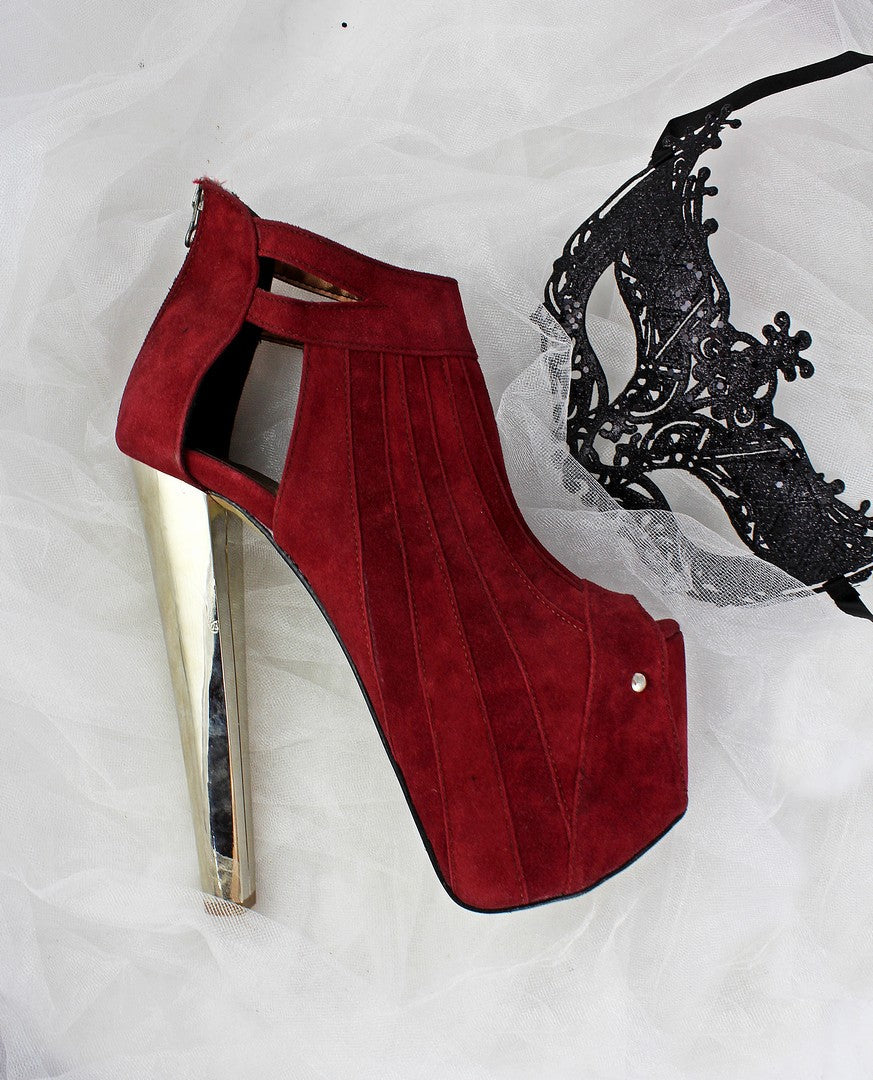 Burgundy Metallic Peep Toe Booties - Tajna Club