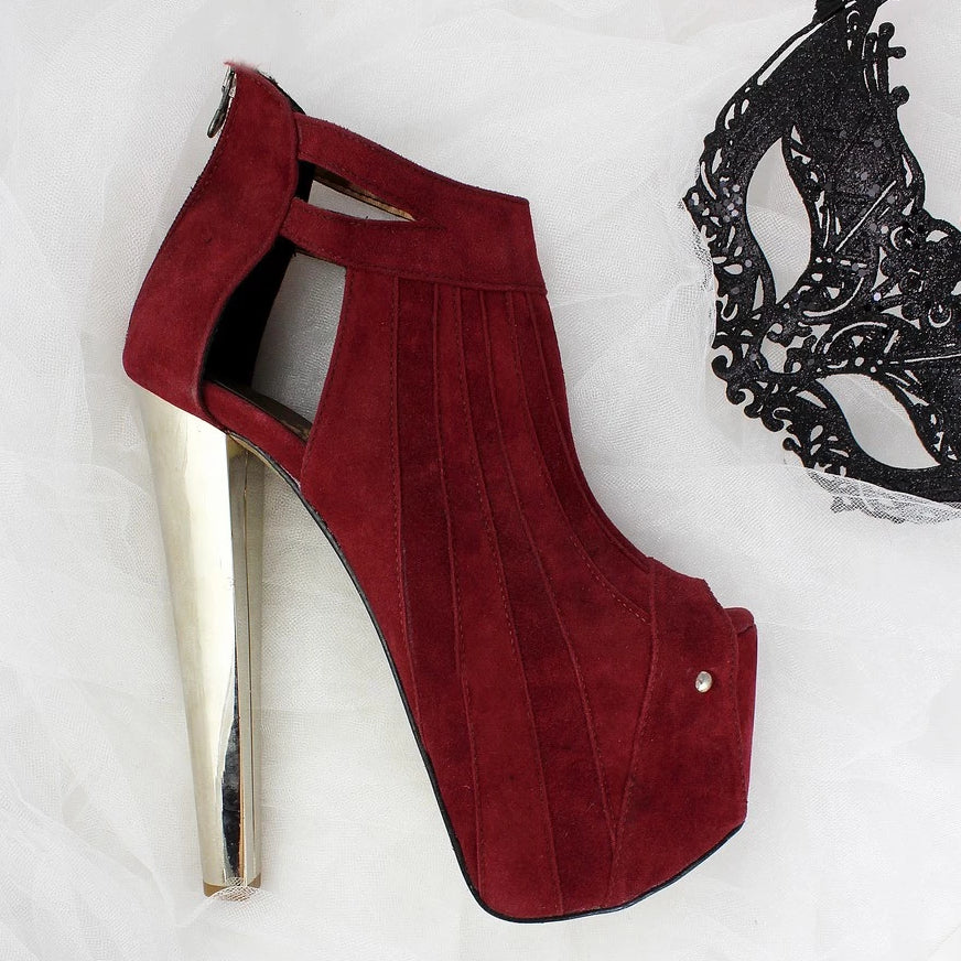 Burgundy Metallic Peep Toe Booties - Tajna Club