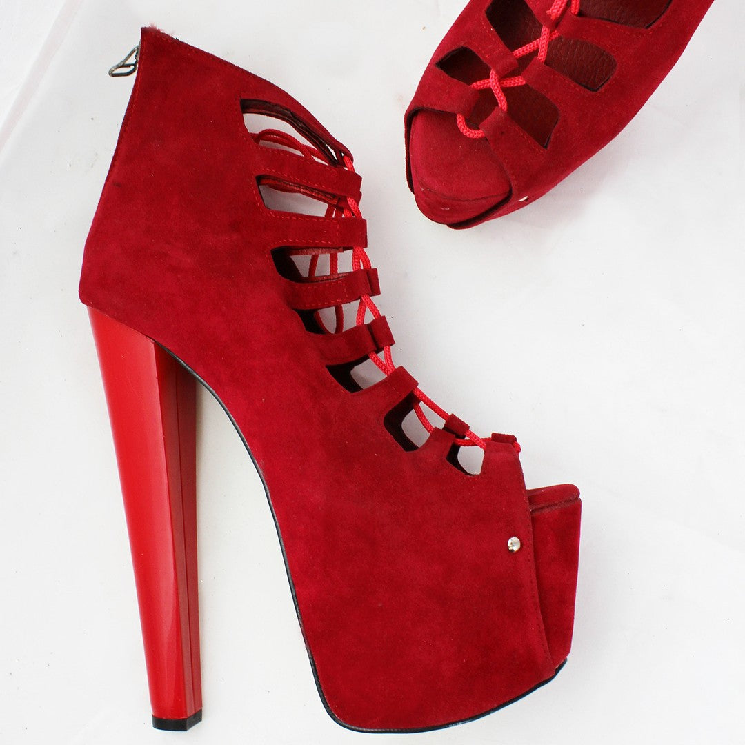 Red suede lace up heels cheap