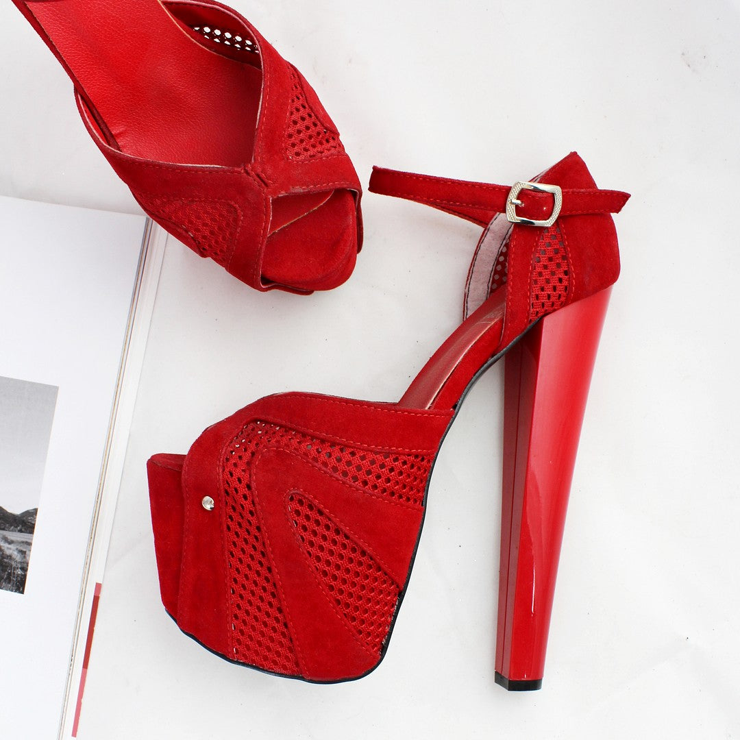 Red Suede Mesh Peep Toe Platform Heels - Tajna Club