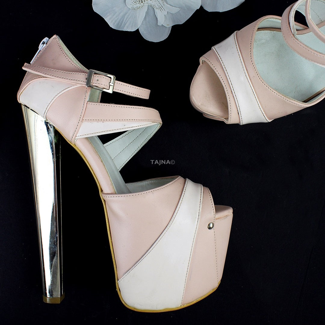 Pink White Platform Metalic Heels - Tajna Club