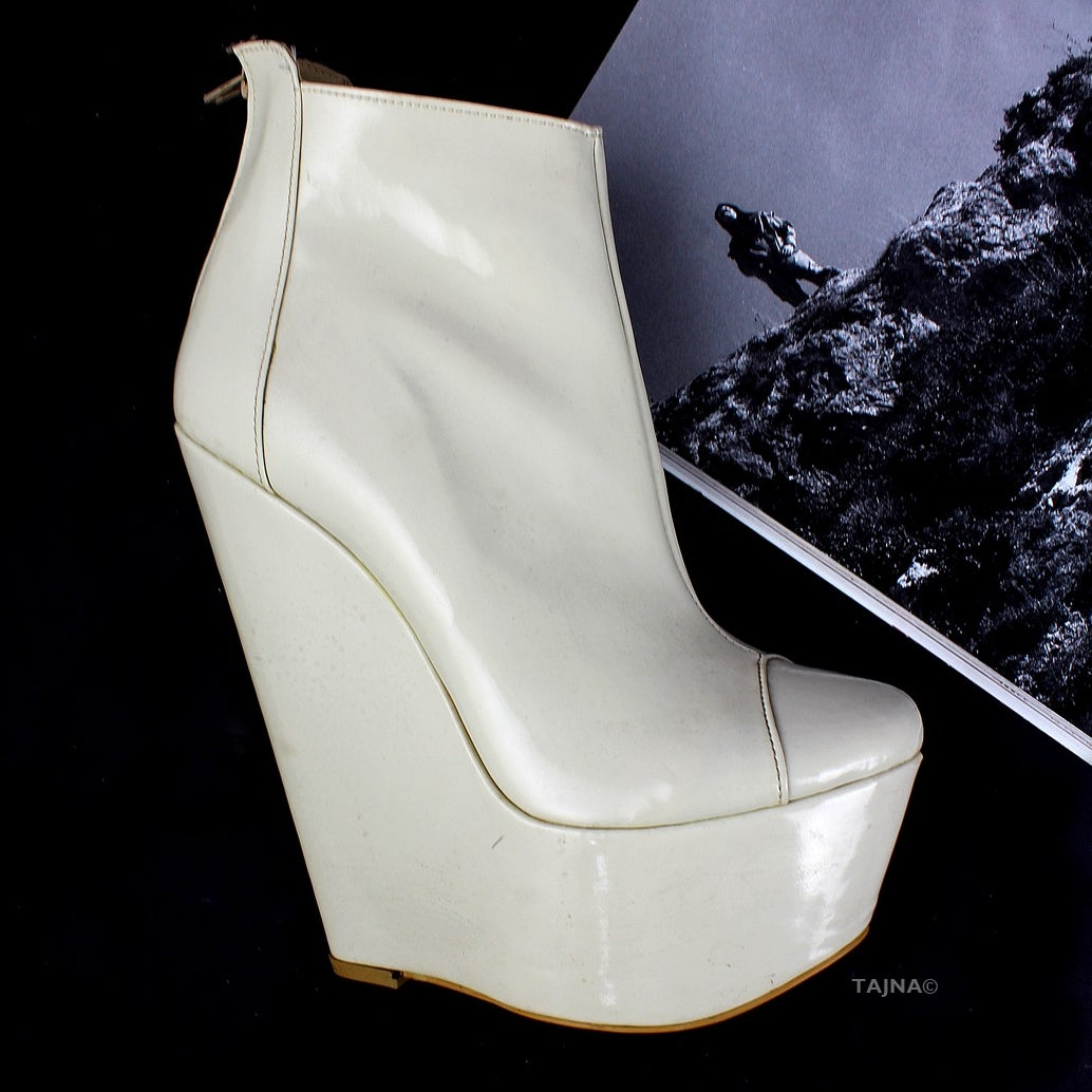 Cream Patent Leather Wedge Booties - Tajna Club