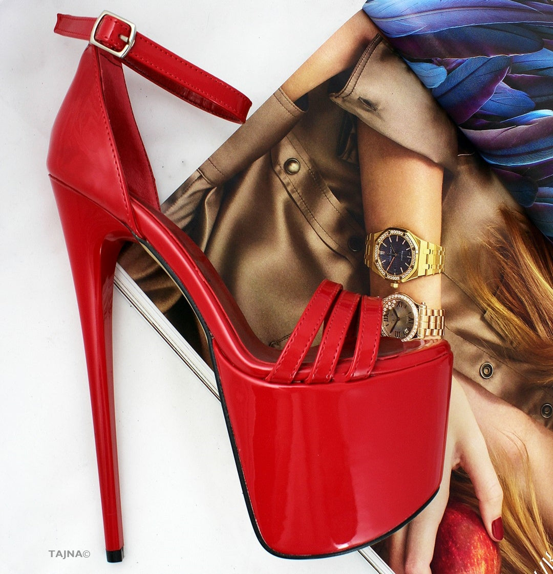 Red Patent Triple Toe Strap Platforms - Tajna Club