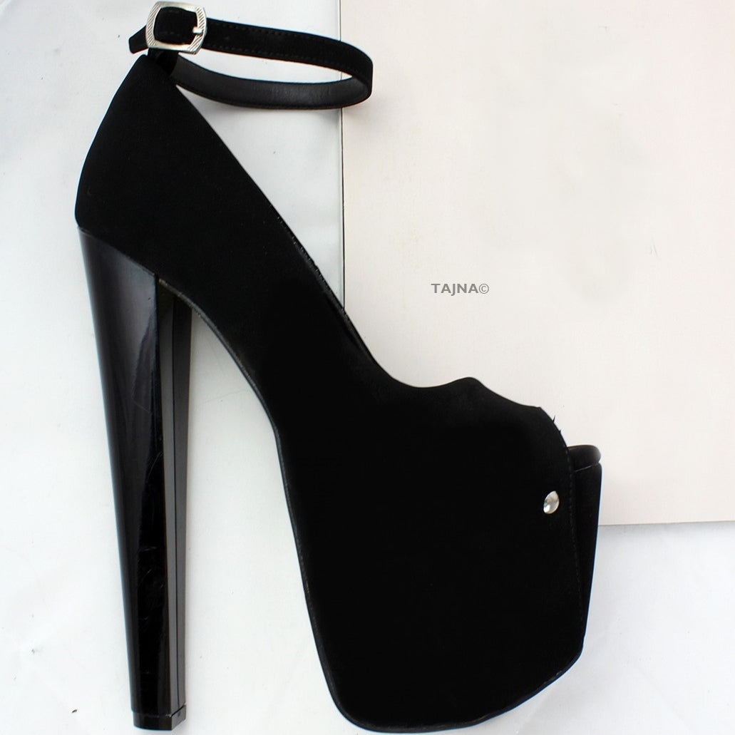 Black Suede Platform Thick Heels - Tajna Club