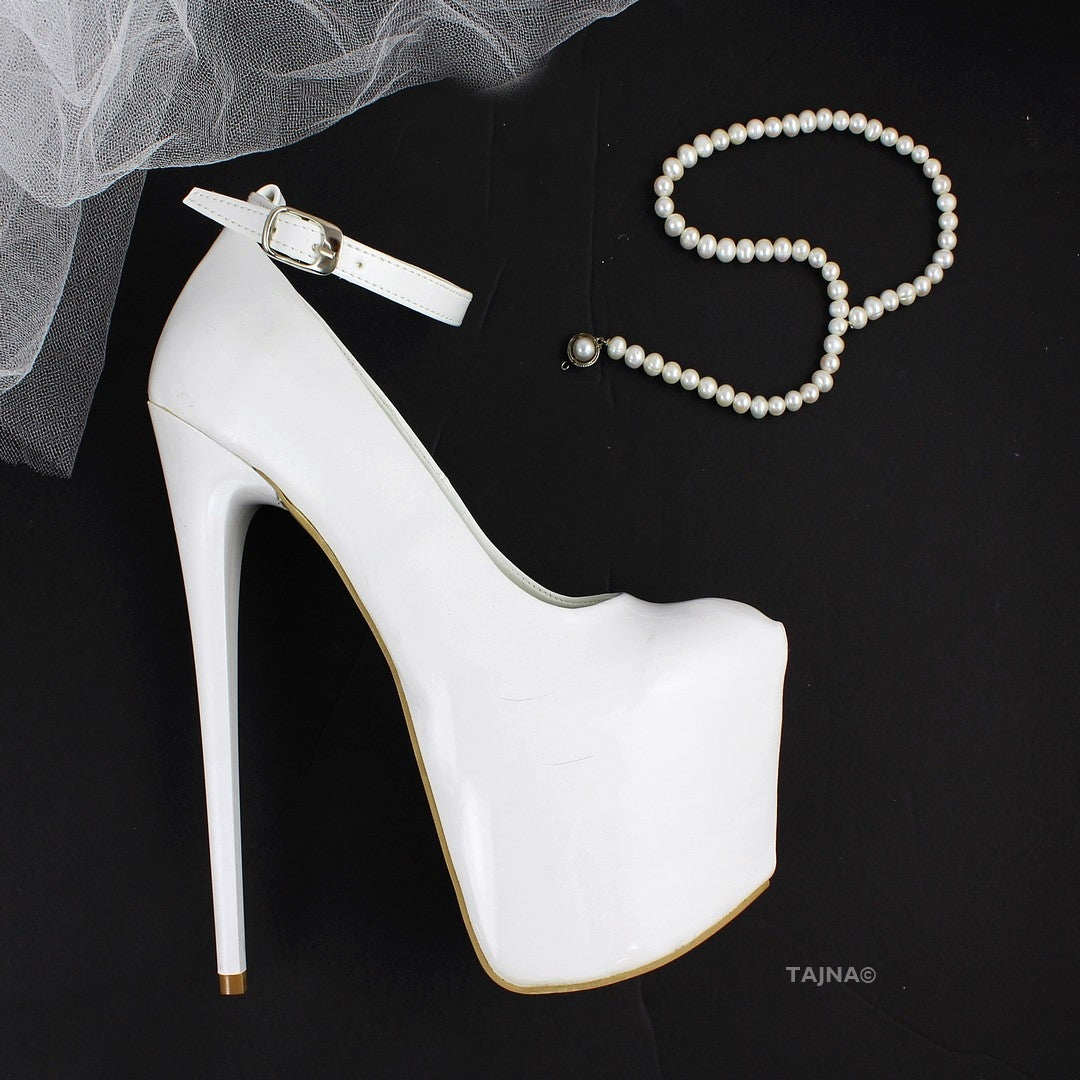 White Patent Ankle Strap Platforms - Tajna Club
