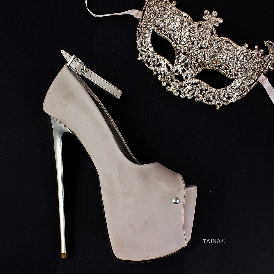 Beige Suede Metallic Heel Platforms - Tajna Club