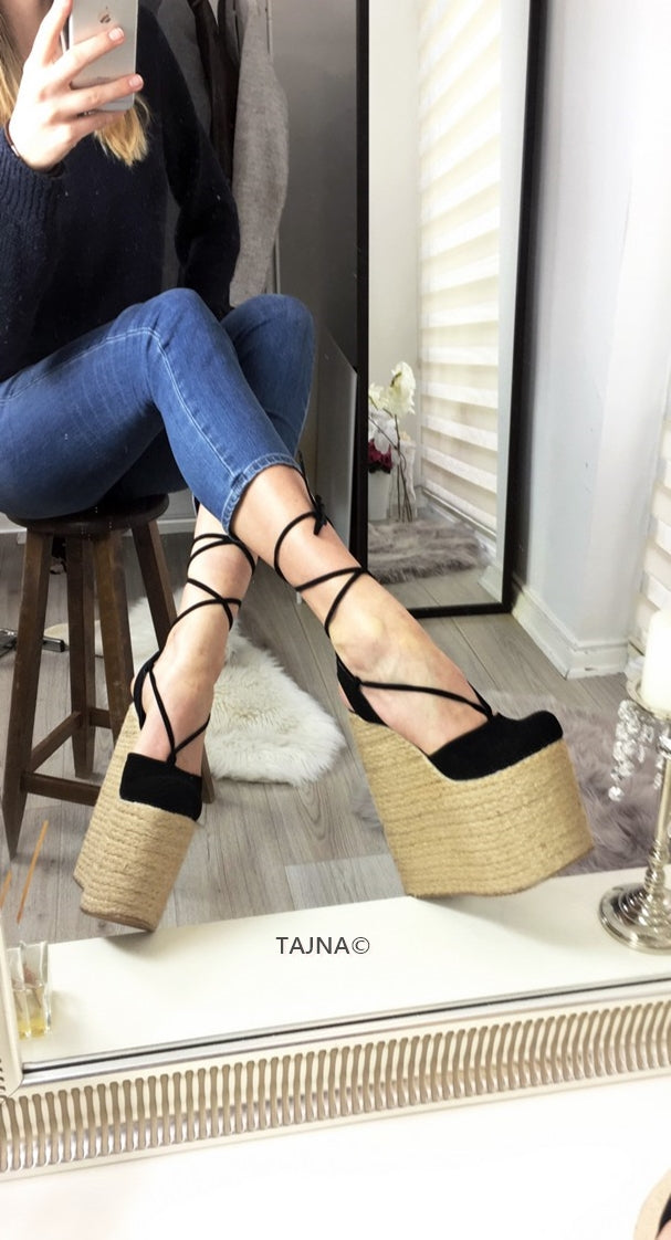 Black Lace Up High Heel Wedge Sandals - Tajna Club