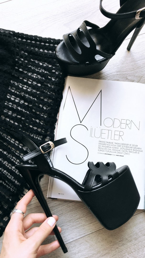 Black Lazer Strap High Heel Sandals - Tajna Club