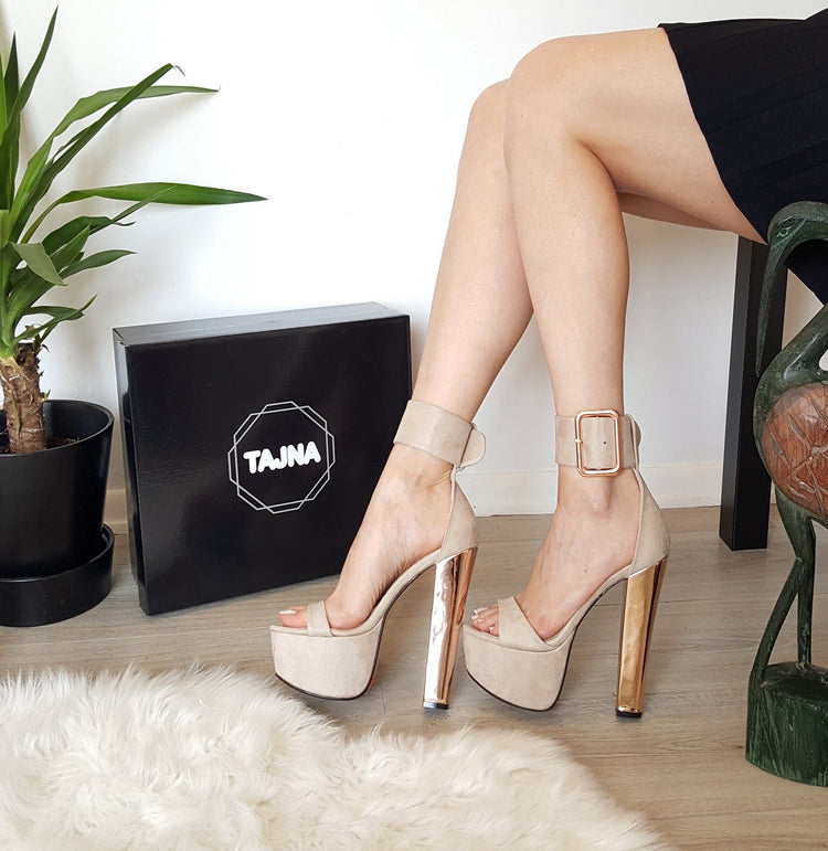 Nude Beige Big Belted High Heel Platform Sandals - Tajna Club
