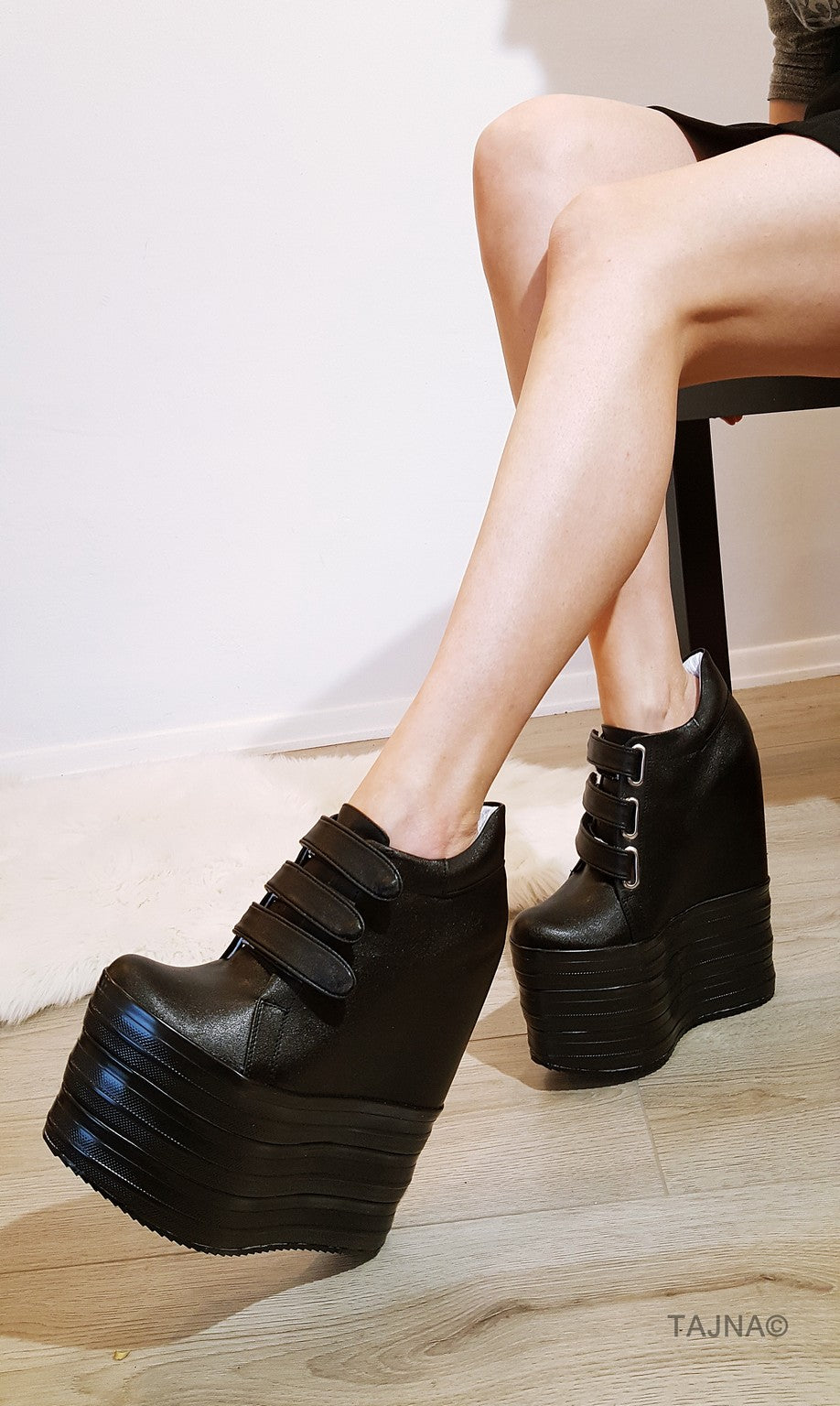 Black Hook Pile Sport High Heel Wedge Platform Shoes - Tajna Club