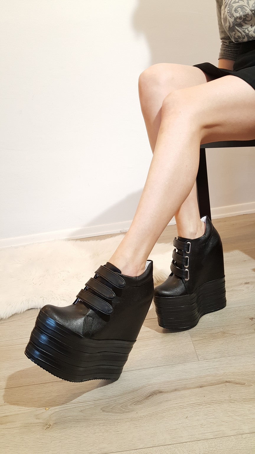 Black Hook Pile Sport High Heel Wedge Platform Shoes - Tajna Club
