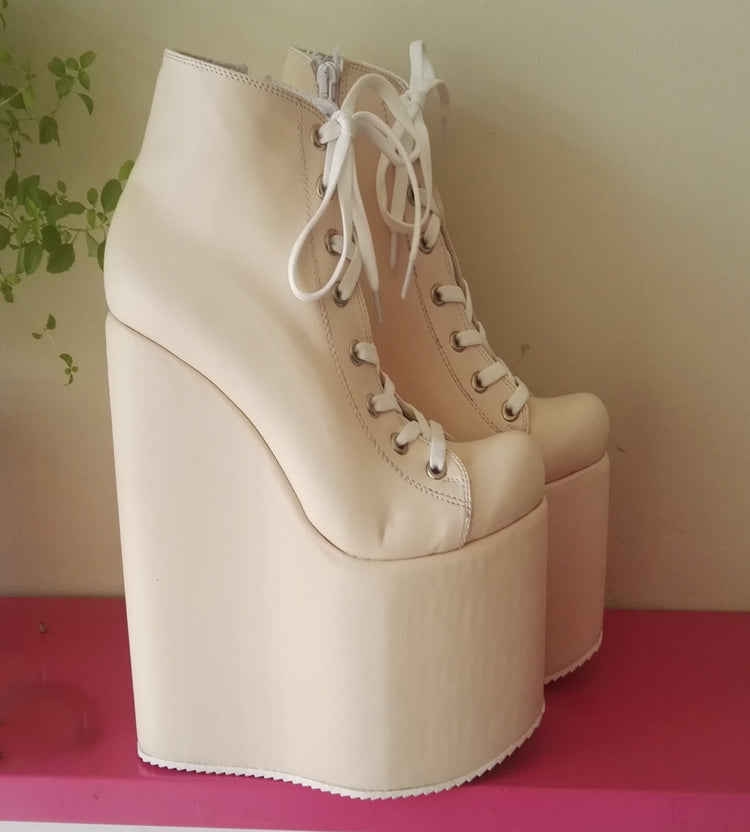 Cream Lace Up Platform Wedges 20 cm - Tajna Club
