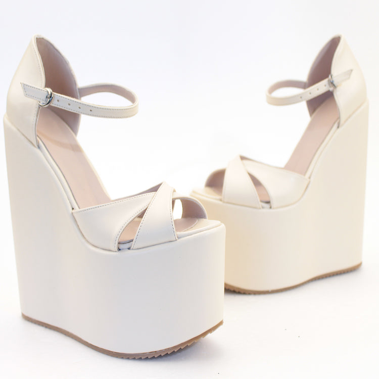 Cream Cross Strap High Heel Wedge Platform Shoes - Tajna Club