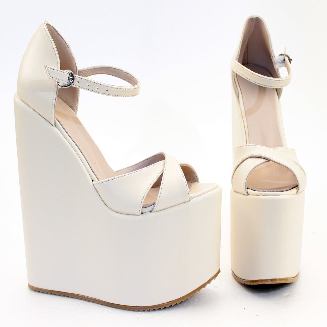Cream Cross Strap High Heel Wedge Platform Shoes - Tajna Club