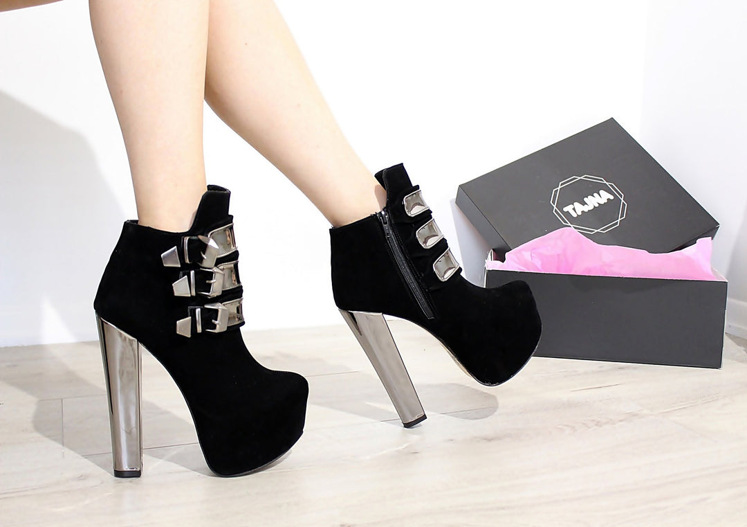 Metallic Belted Black Suede Ankle Booties - Tajna Club